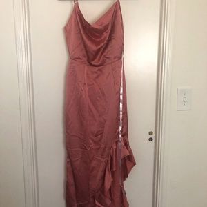 Pink Satin Dress with Ruffled Slit